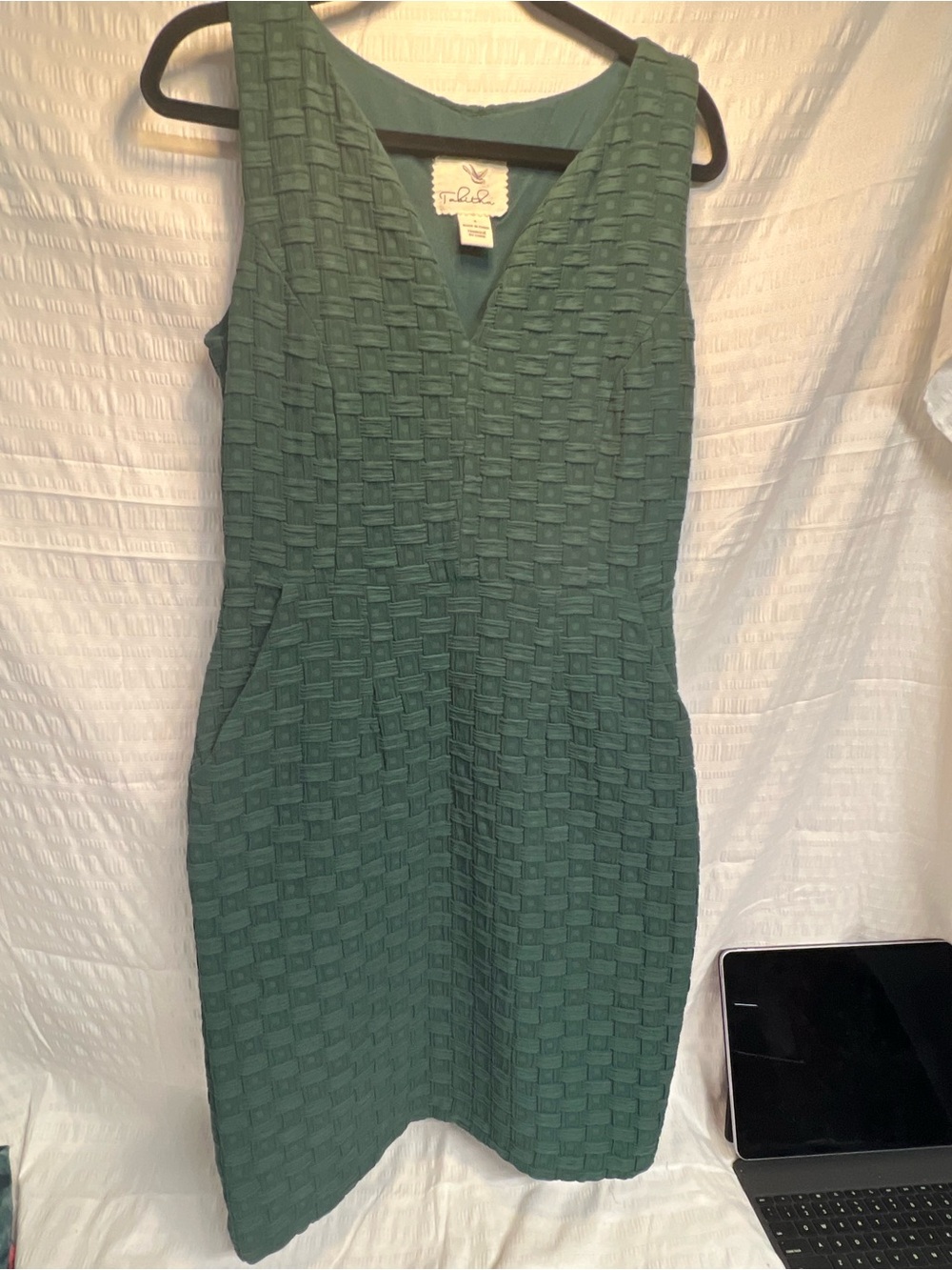 Tabitha Emerald Green Textured V-Neck Midi Dress with pockets by Anthropologie